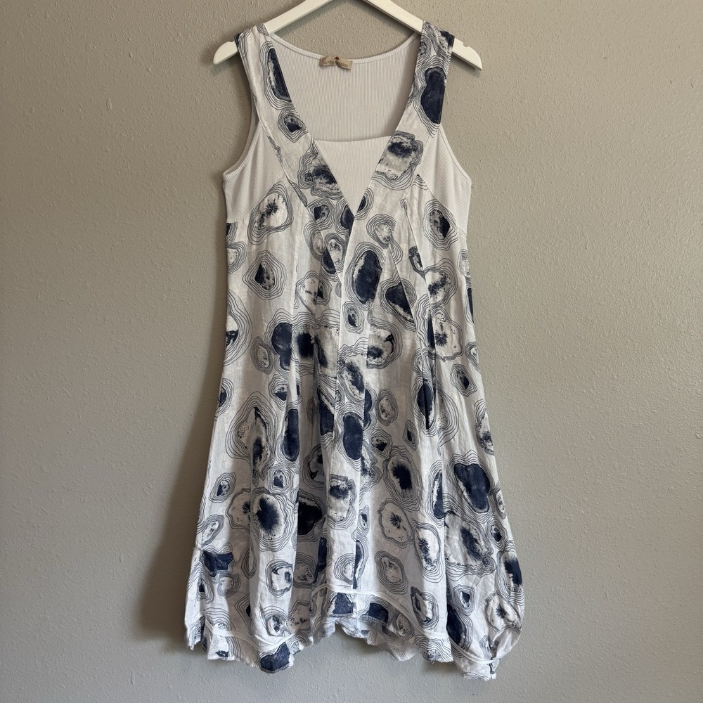 Italian Lino Abstract Geode Lagenlook Bubble Dress M Made in Italy Coastal Artsy